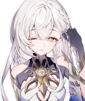 1girl bare_shoulders braid breasts genshin_impact highres istaroth_(genshin_impact) long_hair looking_at_viewer medium_breasts one_eye_closed pomepome1207 signature solo very_long_hair white_hair yellow_eyes