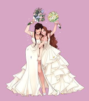 2girls absurdres aerith_gainsborough black_hair blue_flower bouquet breasts brown_hair cleavage closed_eyes detached_sleeves dress falling_petals final_fantasy final_fantasy_vii flower frilled_dress frills full_body green_eyes highres holding holding_bouquet large_breasts lily_(flower) locked_arms long_dress long_hair medium_breasts multiple_girls one_eye_closed parted_lips petals pink_flower see-through_clothes see-through_sleeves shoes side_slit sidelocks single_sidelock skirtzzz smile tifa_lockhart updo wavy_hair wedding wedding_dress white_dress white_shoes wife_and_wife yellow_flower yuri