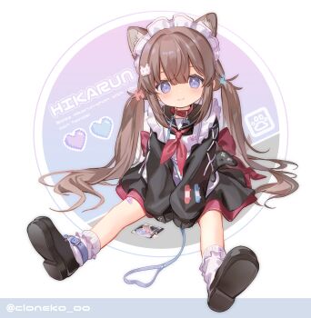 Rule 34 | 1girl, animal collar, animal ears, apron, belt collar, black jacket, black sailor collar, black shoes, bobby socks, brown hair, cat ears, cat girl, character name, cloneko (zelmeledf2), closed mouth, collar, commentary, commentary request, extra ears, full body, hair ornament, highres, hikarun (vrchat), jacket, jersey maid, leash, long hair, long sleeves, looking at viewer, maid, maid headdress, purple eyes, red collar, sailor collar, shoe soles, shoes, sitting, sleeves past fingers, sleeves past wrists, smile, socks, solo, twintails, unconventional maid, very long hair, vrchat, white apron, white socks