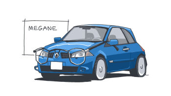 Rule 34 | ac6p, blue car, car, glasses, highres, motor vehicle, name connection, no humans, original, pun, renault, renault megane, round eyewear, simple background, vehicle focus, white background