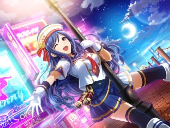 1girl binoculars blue_sailor_collar blue_skirt blue_thighhighs boots breasts crescent_moon game_cg gloves hat hugging_object kochou_shizuha lamppost looking_at_viewer medium_breasts moon necktie neon_lights night official_art one_eye_closed open_mouth outstretched_arm pavement pleated_skirt purple_eyes purple_hair red_necktie sailor_collar sailor_shirt shirt short_sleeves shoujo_kageki_revue_starlight shoujo_kageki_revue_starlight_-re_live- skirt solo thighhighs upper_body white_boots white_gloves white_hat white_shirt