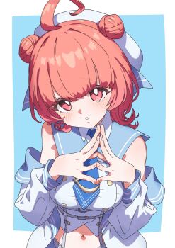 Rule 34 | 1girl, ahoge, blue background, blue necktie, blush, border, collared shirt, commentary request, double bun, hair bun, hat, highres, looking at viewer, navel, necktie, niboshidrip, off shoulder, open mouth, outside border, pink eyes, pink hair, shirt, solo, virtual youtuber, vspo!, white border, yumeno akari