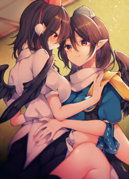 Rule 34 | 2girls, bird wings, black hair, black skirt, black wings, blue dress, blue hat, breasts, closed mouth, commentary request, dress, eye contact, eyes visible through hair, flat color, foot out of frame, hair between eyes, hat, highres, iizunamaru megumu, large breasts, long hair, looking at another, medium hair, multiple girls, pointy ears, profile, red eyes, red hat, revision, shameimaru aya, shirt, skirt, smile, tama (soon32281), tokin hat, touhou, white shirt, wings, yuri