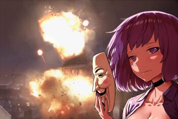 1girl amelia_(pathways) breasts choker dress guy_fawkes_mask haraya_manawari jacket looking_at_viewer mask mole mole_under_eye open_clothes open_jacket pathways_(game) purple_hair purple_jacket solo v_for_vendetta