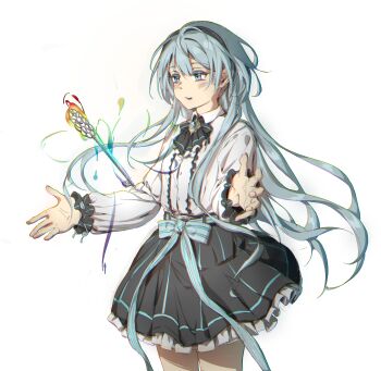 1girl absurdres belt belt_bow black_bow black_bowtie black_hairband black_skirt blue_belt blue_bow blue_eyes blue_hair blush bow bowtie brooch center_frills chinese_commentary collared_shirt colored_eyelashes commentary_request cowboy_shot depersonalization double-parted_bangs floating_hair frilled_skirt frilled_sleeves frills hairband highres jewelry key long_hair long_sleeves looking_ahead looking_at_object miniskirt open_hands palms parted_lips partial_commentary rainbow_order shirt simple_background skirt sleeve_cuffs solo star-shaped_pupils star_(symbol) symbol-shaped_pupils teeth upper_teeth_only velia_fengtang white_background white_shirt yog-sothoth_(depersonalization)