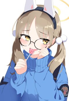 1girl blue_archive blue_sweater blush brown_hair candy commentary_request didac_fantasy food hair_ornament halo hands_up highres holding holding_candy holding_food holding_lollipop lollipop looking_to_the_side lower_teeth_only moe_(blue_archive) saliva simple_background smile solo sweater teeth twintails upper_body white_background yellow_eyes yellow_halo