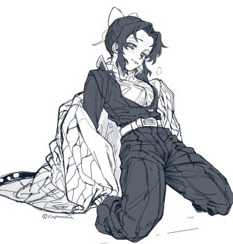 1girl belt breasts butterfly_hair_ornament closed_mouth demon_slayer_uniform full_body greyscale hair_ornament haori highres japanese_clothes kimetsu_no_yaiba kneeling kochou_shinobu koyomania long_sleeves looking_at_viewer medium_breasts monochrome pants parted_bangs partially_open_shirt removing_jacket short_hair sidelocks simple_background solo third-party_source twitter_username white_background