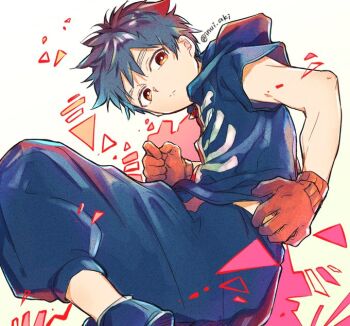 02inui 1boy bone_print closed_mouth gloves hood kemono_jihen kusaka_kabane male_focus pants short_hair short_sleeves skeleton_print solo