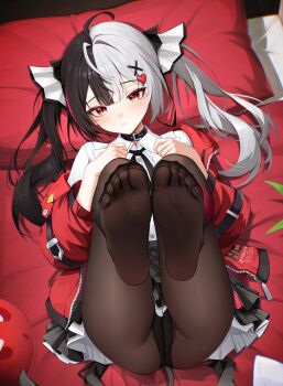 1girl ahoge belt_collar black_corset black_hair black_panties black_skirt blush closed_mouth collar collared_shirt commentary corset double-parted_bangs feet feet_up foot_focus from_above hair_between_eyes hair_ornament heart heart_hair_ornament highres jacket lacrimosa_(nte) legs_up long_hair looking_at_viewer lying multicolored_hair neverness_to_everness no_shoes off_shoulder on_back on_bed panties pantyhose pink_streaks presenting_own_foot radoremo red_eyes red_jacket shirt skirt soles solo split-color_hair streaked_hair thighs tiered_skirt toe_seam toes twintails underwear white_hair white_shirt x_hair_ornament