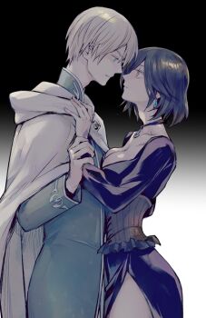 1boy 1girl black_background black_hair blue_eyes breasts commentary_request couple eye_contact gradient_background grel_(r6hgvu5) hetero large_breasts looking_at_another octopath_traveler octopath_traveler_ii short_hair simple_background standing temenos_mistral throne_anguis two-tone_background white_background white_hair