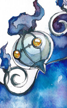 blue_background blue_fire chandelure fire full_body gen_5_pokemon nintendo no_humans pokemon pokemon_(creature) solo white_background yellow_eyes yu_(mekeneko1998)