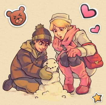 1boy 1girl bag bear child commentary english_commentary gloves hat heart highres hood hoodie joe_secondopinionson lips moral_orel mother_and_son nursula_bendy pink_lips r3d-0 scarf shoes smile snowman squatting star_(symbol) tongue tongue_out