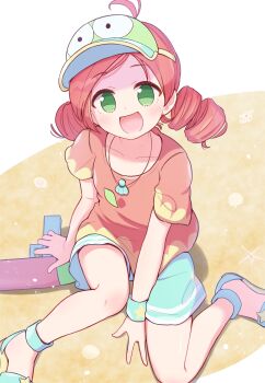 1girl absurdres ahoge andou_ringo andou_ringo_(summery) between_legs blue_shorts blush character_hat collarbone commentary_request dot_nose drill_hair green_eyes green_hat hand_between_legs hat highres holding holding_water_gun jazz_grace jewelry kneeling leaf necklace official_alternate_costume open_mouth puyo_(puyopuyo) puyopuyo puyopuyo_quest red_hair shell shell_necklace shorts solo sweatband swimsuit twin_drills visor_cap water_gun wristband
