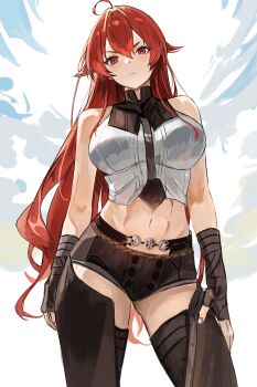 Rule 34 | 1girl, abs, absurdres, ahoge, belt, black shorts, breasts, chaps, closed mouth, commentary request, cropped shirt, eris greyrat, hand on own thigh, highres, large breasts, long hair, looking at viewer, midriff, mushoku tensei, navel, red eyes, red hair, shirt, shorts, solo, toned, toned female, very long hair, white shirt, yu xiao (user mwct3843)