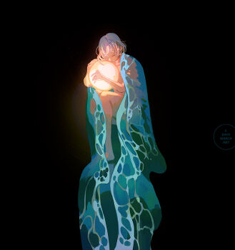 1girl aqua_cloak barefoot black_background caustics cloak closed_eyes closed_mouth commentary english_commentary glowing grey_hair head_down holding_orb liquid_clothes loika naked_cloak orb original short_hair simple_background sitting solo water