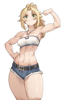 1girl absurdres bandeau bare_shoulders belt black_belt breasts commentary denim denim_shorts fate/apocrypha fate_(series) green_eyes highres jewelry long_hair looking_at_viewer lucasaobari medium_breasts mordred_(fate) mordred_(memories_at_trifas)_(fate) muscular muscular_female navel necklace official_alternate_costume ponytail shorts simple_background solo stomach thighs white_background white_bandeau
