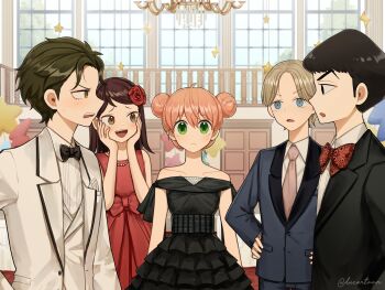 Rule 34 | 2girls, 3boys, absurdres, age progression, anya (spy x family), balloon, becky blackbell, black bow, black bowtie, black dress, black hair, black suit, blonde hair, blue jacket, blue suit, bow, bowtie, brown eyes, brown hair, damian desmond, double bun, dress, ducartoon, flower, formal clothes, green eyes, hair between eyes, hair bun, hair flower, hair ornament, highres, jacket, long hair, long sleeves, medium hair, multiple boys, multiple girls, necktie, open mouth, pink hair, pink necktie, red bow, red bowtie, red dress, red flower, red rose, rose, shirt, short hair, spy x family, star balloon, suit, vest, white jacket, white shirt, white suit, white vest, yellow eyes