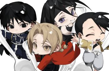Rule 34 | 4boys, ahoge, amestris military uniform, black eyes, black gloves, black hair, black jacket, black pants, blonde hair, blue pants, braid, braided ponytail, cbow, chibi, chibi only, chinese commentary, closed eyes, coat, commentary request, curtained hair, edward elric, envy (fma), fingerless gloves, fork, fullmetal alchemist, gloves, grey pants, hair tie, headband, highres, holding, holding fork, holding spoon, jacket, ling yao, long hair, looking at another, looking at viewer, male focus, multiple boys, open mouth, pants, purple eyes, red coat, roy mustang, short hair, simple background, single braid, smile, spoon, white background, yellow eyes, yellow jacket