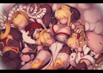 4girls :3 =_= andira_(granblue_fantasy) anila_(granblue_fantasy) animal_ears ass black_legwear black_skirt blonde_hair blunt_bangs blush_stickers body_pile bracelet braid breast_rest breasts breasts_on_head closed_eyes closed_mouth commentary_request dog_ears draph garjana granblue_fantasy harvin holding horns jewelry large_breasts letterboxed long_hair lying mahira_(granblue_fantasy) monkey multiple_girls on_side outstretched_arm pantyhose parted_lips pleated_skirt rope sheep shimenawa short_hair sitting skirt sleeping stuffed_chicken thighhighs totoya_z vajra_(granblue_fantasy) white_legwear