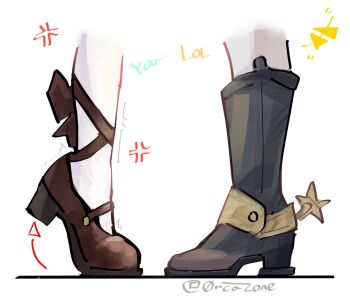 0rcazone 2girls anger_vein black_footwear boots dokibird dokibird_(bounty_hunter) highres implied_kiss indie_virtual_youtuber mary_janes mint_fantome multiple_girls shoes spurs tiptoes trembling twitter_username virtual_youtuber yuri