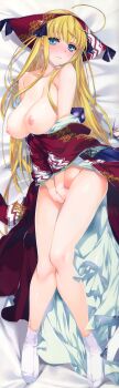 Rule 34 | 1girl, absurdres, alice soft, blonde hair, breasts, clothes lift, dakimakura (medium), highres, japanese clothes, nipples, no bra, no panties, open clothes, open shirt, rance (series), rance x, rizna lanfebit, skirt, skirt lift