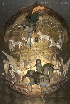 1girl 2026 amusement_park braid carousel chinese_zodiac closed_eyes closed_mouth commentary_request demizu_posuka feathered_wings highres horse long_hair original solo unicorn white_wings wings year_of_the_horse