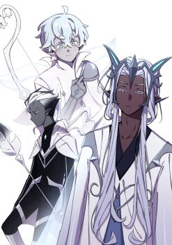 Rule 34 | 3boys, adam's apple, ahoge, armor, black bodysuit, black hair, blue hair, bodysuit, bow (weapon), capelet, collarbone, colored skin, commentary request, cookie run, crown, dark-skinned male, dark grey skin, dark skin, elder faerie cookie, facial mark, facing away, facing to the side, facing viewer, fairy, fairy wings, forehead mark, gloves, grey gloves, grey skin, hair between eyes, half-closed eyes, high collar, highres, holding, holding weapon, jitome, light blue hair, light purple hair, looking down, looking to the side, mercurial knight cookie, multicolored hair, multiple boys, pointy ears, purple hair, robe, shirt, short hair, shoulder armor, sidelocks, silverbell cookie, smile, tagme, turtleneck, turtleneck bodysuit, weapon, white background, white capelet, white eyes, white hair, white robe, white shirt, wings