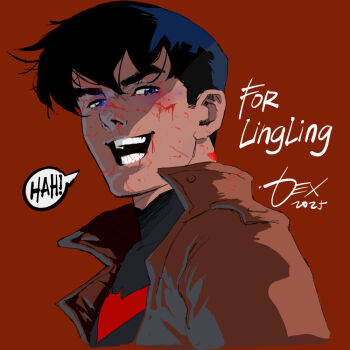 1boy bat_signal batman_(series) batman_symbol black_bodysuit black_hair blood blood_on_face blue_eyes bodysuit dc_comics dexter_soy grey_bodysuit jason_todd male_focus multicolored_bodysuit muscular red_hood_(dc) red_hood_and_the_outlaws short_hair simple_background smile solo superhero_costume two-tone_bodysuit upper_body western_comics_(style)