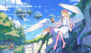 Rule 34 | 1girl, angel, angel wings, animal, barefoot, bird, blonde hair, blue sky, broken window, commentary request, crown, day, deer, dress, falling feathers, feathers, flying, forest, from side, full body, highres, holding, holding crown, ito yoshi, long hair, medium dress, nature, original, outdoors, overgrown, parted lips, ruins, scenery, shadow, sky, solo, stone wall, stream, three-quarter sleeves, throne, very long hair, white bird, white dress, white wings, wings