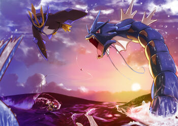 00s 1boy bad_id bad_pixiv_id battle bibarel bird cloud cojibou empoleon epic fangs fins fishing fishing_rod gen_1_pokemon gen_4_pokemon gyarados hat holding holding_fishing_rod lucas_(pokemon) naval_battle nintendo ocean penguin pokemon pokemon_(creature) pokemon_dppt red_eyes sunset water waves wings