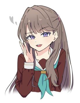 Rule 34 | 1girl, absurdres, aqua neckerchief, brown dress, brown hair, collarbone, commentary request, cropped torso, dress, fujishima megumi, hasu no sora school uniform, heart, highres, link! like! love live!, long hair, long sleeves, love live!, meteor2art, neckerchief, open mouth, purple eyes, raised eyebrow, sailor collar, sailor dress, school uniform, simple background, smile, solo, teeth, two side up, upper teeth only, virtual youtuber, white background, white sailor collar, winter uniform