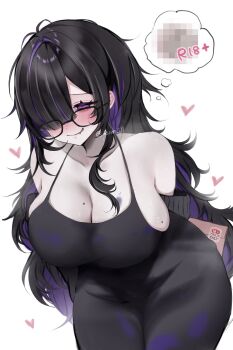 1girl absurdres bags_under_eyes black-framed_eyewear black_hair breasts censored cleavage collarbone colored_inner_hair commentary_request dress goddess_of_victory:_nikke heart highres label_(nikke) large_breasts long_hair messy_hair mole mole_on_breast mosaic_censoring multicolored_hair nervous_smile purple_hair rum_ill simple_background smile solo speech_bubble taut_clothes taut_dress thought_bubble very_long_hair white_background
