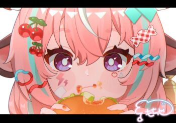 1girl animal_ears blush_stickers candy_hair_ornament cherry_hair_ornament close-up cow_ears ear_bell eating food food-themed_hair_ornament food_on_face genshin_impact hair_ornament inui_hinamochi letterboxed pink_hair purple_eyes signature varesa_(genshin_impact)