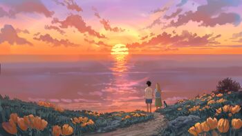 1boy 1girl animal beach blonde_hair blue_shirt brown_hair cat cloud cloudy_sky commentary couple denis_istomin english_commentary evening facing_away field flower flower_field foliage from_behind gradient_sky grass green_skirt highres holding_hands horizon long_hair ocean original outdoors path road scenery shirt short_hair short_sleeves shorts skirt sky standing summer sun sunset water white_shirt wide_shot