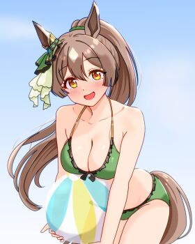 1girl animal_ears ball beachball bikini blush breasts brown_eyes brown_hair brown_tail cleavage collarbone commentary_request ear_ornament green_bikini hair_between_eyes highres holding holding_ball holding_beachball horse_ears horse_girl horse_tail large_breasts leaning_forward long_hair looking_at_viewer multicolored_hair open_mouth ponytail renny_(seraphyfether) satono_diamond_(umamusume) smile solo streaked_hair swimsuit tail umamusume white_streaks