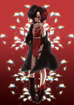 Rule 34 | 1girl, absurdres, bluelikethevoidarts, brown hair, feathers, flapper, highres, red eyes, reverse:1999, schneider (reverse:1999), short hair, simple background, solo