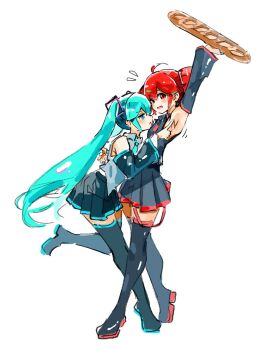 2girls ahoge armpits baguette black_boots black_shirt black_skirt blue_eyes blue_hair boots bread collared_shirt detached_sleeves drill_hair flying_sweatdrops food grey_shirt hatsune_miku highres holding holding_food kasane_teto kasane_teto_(utau) mp777b multiple_girls parted_lips pleated_skirt red_eyes red_hair shirt simple_background skirt sleeveless sleeveless_shirt thigh_boots tickling tickling_armpits twin_drills twintails utau vocaloid white_background yuri