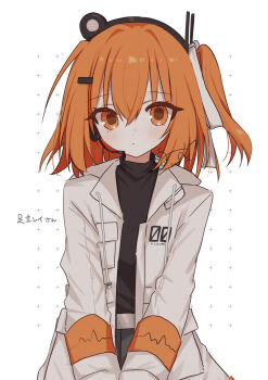 1girl a.i._voice absurdres adachi_rei belt black_shirt blush breast_pocket closed_mouth commentary_request flat_chest grey_skirt hair_between_eyes hair_ribbon headlamp headphones highres jacket long_sleeves looking_at_viewer microphone nekoma_mimu open_clothes open_jacket orange_hair pocket radio_antenna ribbon shirt side_ponytail simple_background skirt solo upper_body utau white_background white_jacket white_ribbon