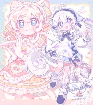 Rule 34 | 2girls, :3, :d, animal ears, apron, blue bow, blue bowtie, blue dress, blue eyes, blue headscarf, blue shoes, blush stickers, bow, bowtie, candy hair ornament, cat ears, cat girl, cat tail, closed mouth, commentary, dot nose, double-parted bangs, dress, fanqiealxe, food, food-themed hair ornament, frilled apron, frilled dress, frills, full body, gloves, hair between eyes, hair intakes, hair ornament, hairclip, headscarf, highres, holding, holding plate, lollipop hair ornament, long hair, long sleeves, looking at viewer, macaron, multiple girls, open mouth, original, parallel hairclips, plate, sample watermark, shoes, smile, socks, standing, standing on one leg, star-shaped pupils, star (symbol), striped bow, striped bowtie, striped clothes, symbol-only commentary, symbol-shaped pupils, tail, twintails, watermark, white apron, white gloves, white hair, white socks, yellow dress