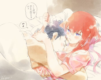 1boy 1girl :o annoyed armpit_hair armpit_hair_peek back beard_stubble bed black_hair blush breasts clenched_hand closed_eyes collarbone commentary_request couple embarrassed face_on_another's_chest facial_hair head_on_chest hetero indoors loungewear lying makise_kurisu musical_note no_shirt okabe_rintarou on_back on_bed pajamas pink_shirt purple_eyes red_hair rocni science_adventure shirt short_hair small_breasts spoken_musical_note steins;gate stubble t-shirt translation_request under_covers