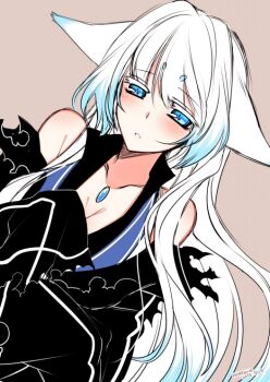 Rule 34 | 1girl, animal ears, blue eyes, blush, breasts, cleavage, commentary request, dated, dutch angle, ears down, female focus, fox ears, gradient hair, grey background, konshin, large breasts, long sleeves, looking at viewer, multicolored hair, orie mishiro, original, parted lips, short eyebrows, signature, simple background, solo, torn clothes, white hair