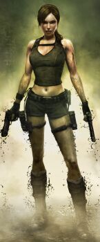 1girl absurdres brown_eyes brown_hair female_focus gun handgun highres lara_croft midriff navel official_art pistol solo thigh_strap thighs tomb_raider weapon wet