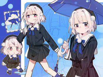 1girl beret black_hat black_jacket black_skirt blonde_hair blue_background blue_ribbon blue_socks blue_umbrella blunt_bangs buttons chibi chibi_inset closed_mouth commentary expressionless hair_intakes hair_ornament hat highres holding holding_umbrella jacket long_sleeves looking_at_viewer looking_to_the_side multiple_views nimingduz pinstripe_jacket pinstripe_pattern pom_pom_(clothes) pom_pom_brooch pom_pom_footwear pom_pom_hair_ornament postage_stamp puddle red_eyes ribbon short_hair skirt skirt_set socks standing symbol-only_commentary two_side_up ui_(voisona) umbrella voisona walking