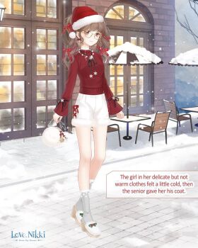 ankle_socks artist_request bag bare_tree bead_necklace beads black_ribbon blunt_bangs bow bow_earrings brown_eyes brown_hair building chair christmas closed_mouth cloud cloudy_sky copyright_logo cross-laced_clothes cross-laced_shorts door dot_nose earrings english_text eyelashes footwear_bow fur-trimmed_headwear fur-trimmed_shorts fur-trimmed_socks fur_trim glasses green_bow grey_socks hair_bow handbag happy hat hexagram holding holding_bag jewelry light_blush logo long_hair long_sleeves looking_at_viewer miracle_nikki multiple_hair_bows neck_ribbon necklace nikki_(series) official_art outdoors pocket pom_pom_(clothes) red_bow red_hat red_shirt ribbon round_eyewear santa_hat shirt shorts sidewalk sky sleeve_ribbon sleeves_past_wrists slippers smile snow snowing socks star_(symbol) star_necklace striped_bow sweet_winter_night_(miracle_nikki) table tareme third-party_source tree twintails umbrella wavy_hair white_bag white_shorts white_slippers window winter yellow-framed_eyewear