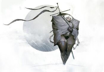 Rule 34 | 1girl, 1other, alexandre chaudret, cigarette, cloak, floating, geometry, grass, grey cloak, math, moon, original, runes, short hair, smoking, sword, sword on back, thighhighs, triangle, weapon, weapon on back, white background, white hair