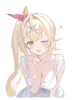 1girl blonde_hair breasts cleavage daimyojin_t dress hoshikawa_sara nijisanji one_eye_closed solo tongue tongue_out virtual_youtuber white_dress