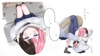 2girls absurdres alternate_costume blue_eyes blue_scarf blush brown_hair brown_shoes check_translation coat commentary enpera from_above grey_jacket half-closed_eyes hanabusa_lisa hanada_ten highres jacket leaning_forward long_hair looking_at_viewer multicolored_hair multiple_girls open_mouth pink_hair pleated_skirt scarf shoes simple_background sketch skirt sleeves_past_wrists split-color_hair squatting tachibana_hinano translation_request two-tone_hair virtual_youtuber vspo! white_background white_jacket white_scarf winter_clothes winter_coat