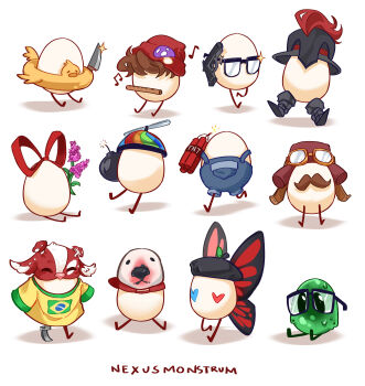 absurdres animal_hat artist_name aviator_cap backwards_hat beanie beret black_hat bobby_(quackity_smp) bomb boots brazilian_flag brazilian_flag_print brown_hair butterfly_wings cameo chayanne commentary cosplay creature creature_focus dapper_(quackity_smp) duck_innertube egg english_commentary everyone explosive facepaint facial_hair flag_print flower flute gegg glasses goggles goggles_on_head gun hat helmet highres holding holding_bomb holding_flower holding_gun holding_knife holding_weapon innertube insect_wings instrument juanaflippa knife leonarda_(quackity_smp) living_food minecraft minecraft_youtube mooshroom mooshroom_(cosplay) music musical_note mustache nexusmonstrum no_humans overalls playing_flute playing_instrument pomme_(quackity_smp) propeller_hat quackity_smp ramon_(quackity_smp) real_life red_hat red_ribbon ribbon richarlyson_(quackity_smp) shirt short_hair simple_background sitting slime_(creature) slime_(substance) swim_ring tallulah_(old_design)_(quackity_smp) tallulah_(quackity_smp) tilin tnt top_hat trump_(quackity_smp) walter_(doge) walter_(doge)_(cosplay) weapon white_background wings