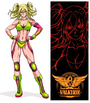 1girl abs absurdres blonde_hair boots hair_between_eyes hands_on_own_hips highres muscular muscular_female navel original solo tagme taroimo_(00120014) twintails wrestler wrestling_outfit