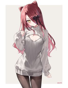 1girl absurdres blush breasts brown_pantyhose cleavage_cutout clothing_cutout fate/grand_order fate_(series) highres long_hair long_sleeves looking_at_viewer nagine pantyhose red_hair small_breasts solo sweater typhon_ephemeros_(fate) white_sweater yellow_eyes